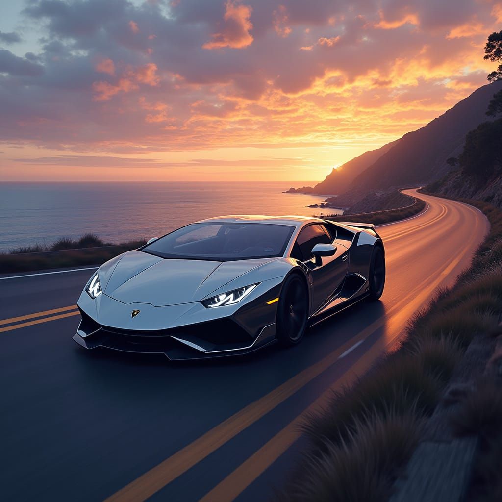 Futuristic Lamborghini Revuelto on Coastal Highway at Sunset