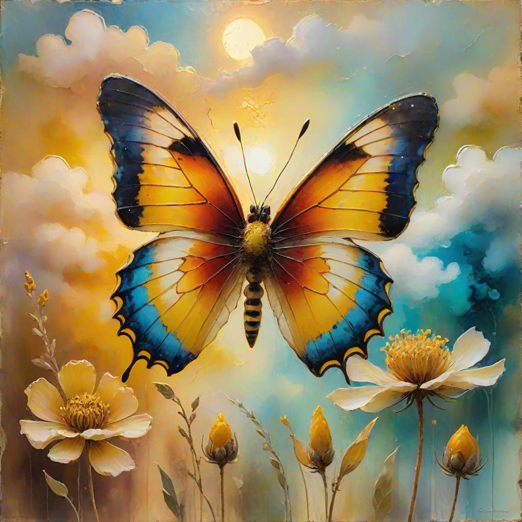 Vibrant Butterfly Perched on a Flower in Warm, Golden Light
