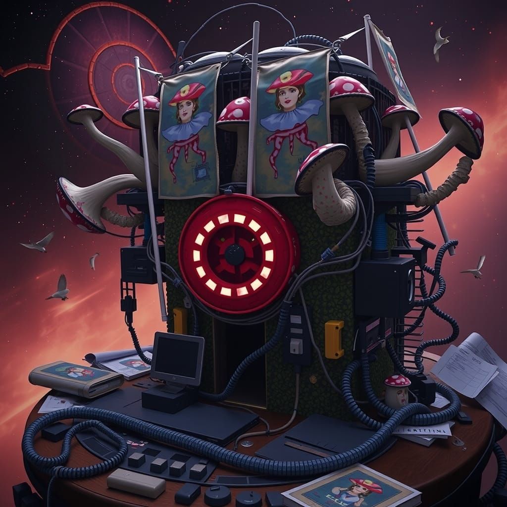 Surreal Artistic Metropolis with Mushroom Flags and Modernis...