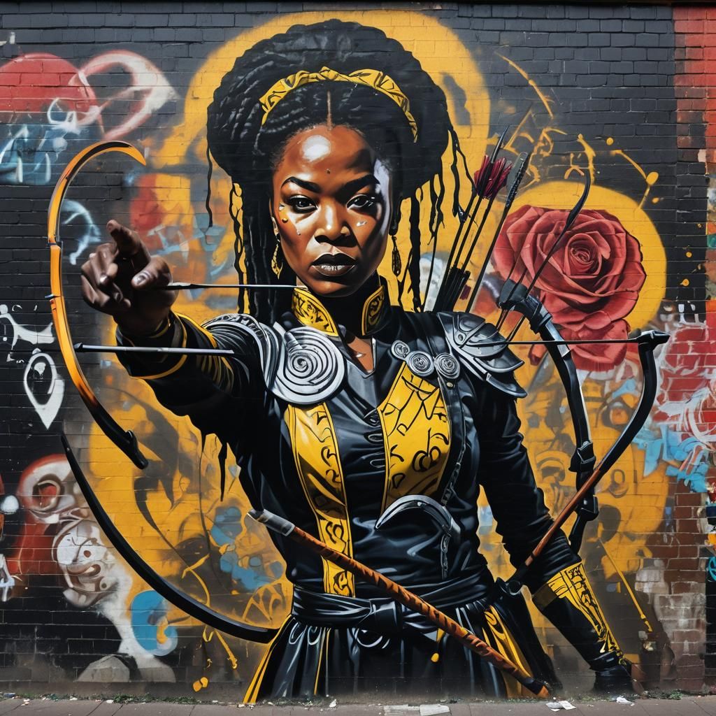 Hypnotic Maid Archer in Gritty Alley, Street Art Style