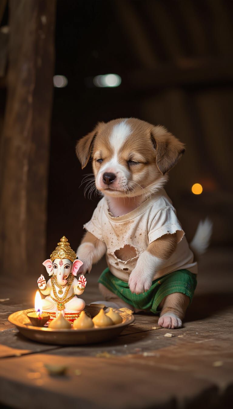 Devotional Puppy with Ganpati Idol in Hut