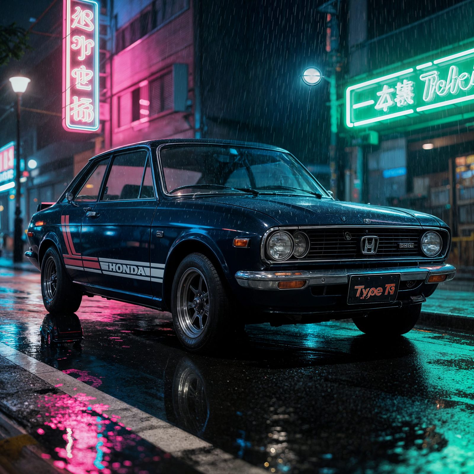 Customized 1970s Honda Civic Type R at Night