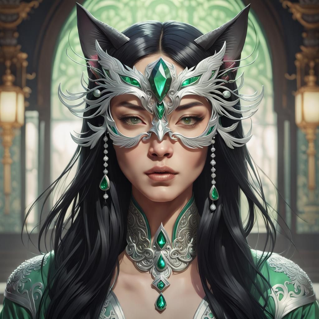Asian Woman in Jeweled Mask, Hyperdetailed Portrait
