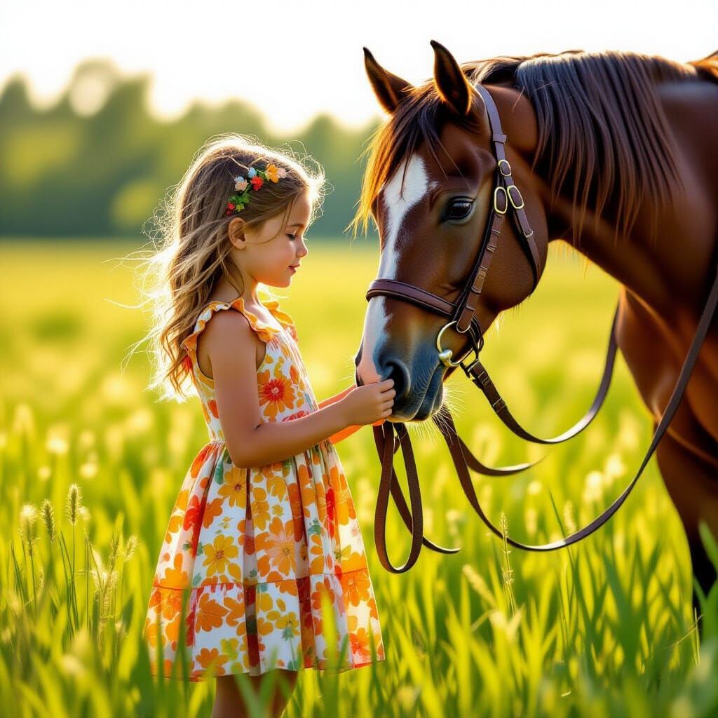 Girl with Horse in Sunny Meadow: Art Style