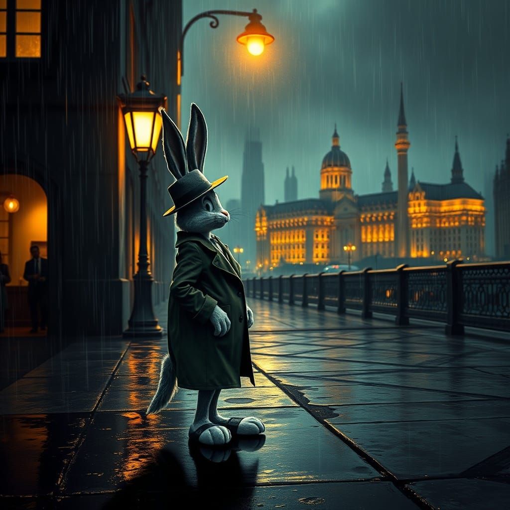 Noir Bugs Bunny in Rain Gazing at Opulent Cityscape