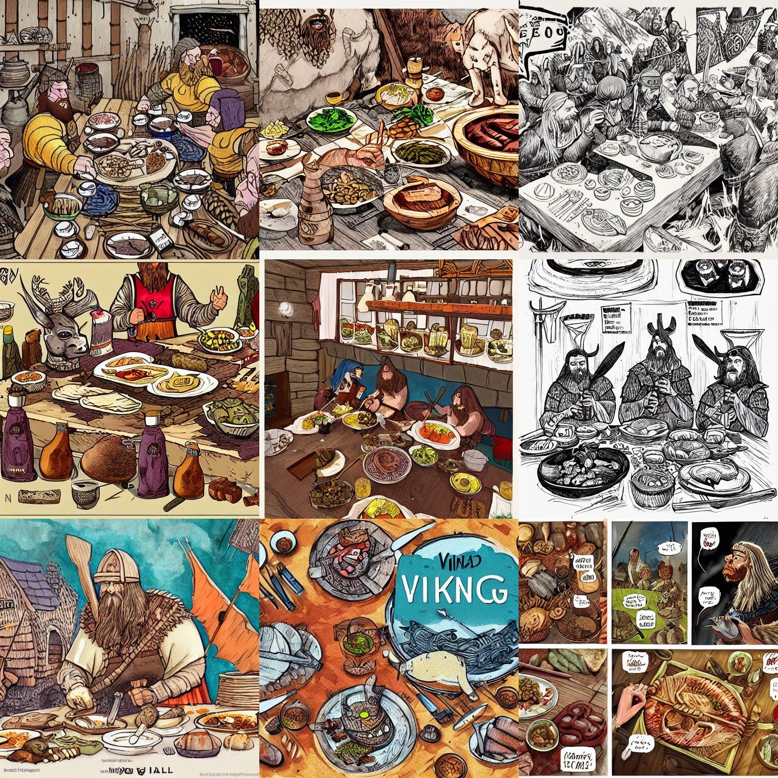 A Viking feast in mead hall Beautiful highly detailed realistic indie comic vibrant sharp ink and watercolor Sketchfab p...