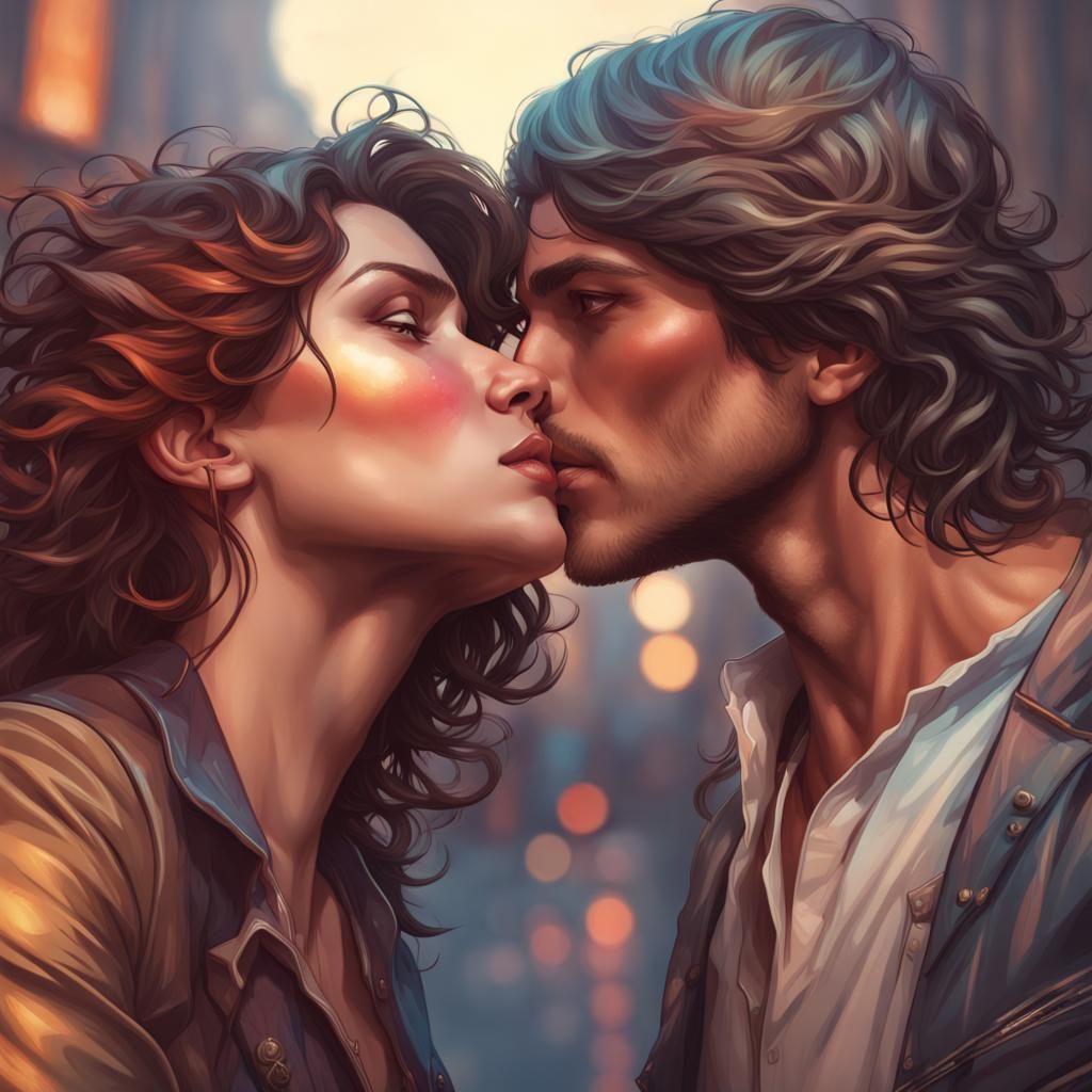 Romantic Kiss on Bicycle, Hyperdetailed Portrait