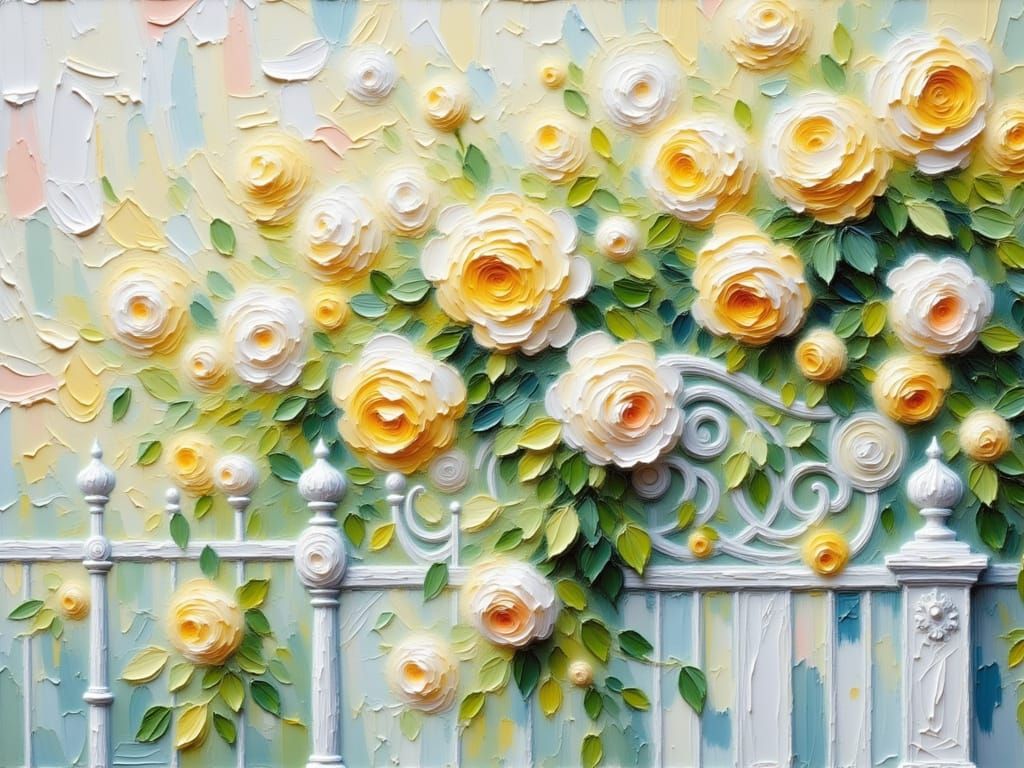 Impasto Oil Painting of Yellow and White Climbing Roses