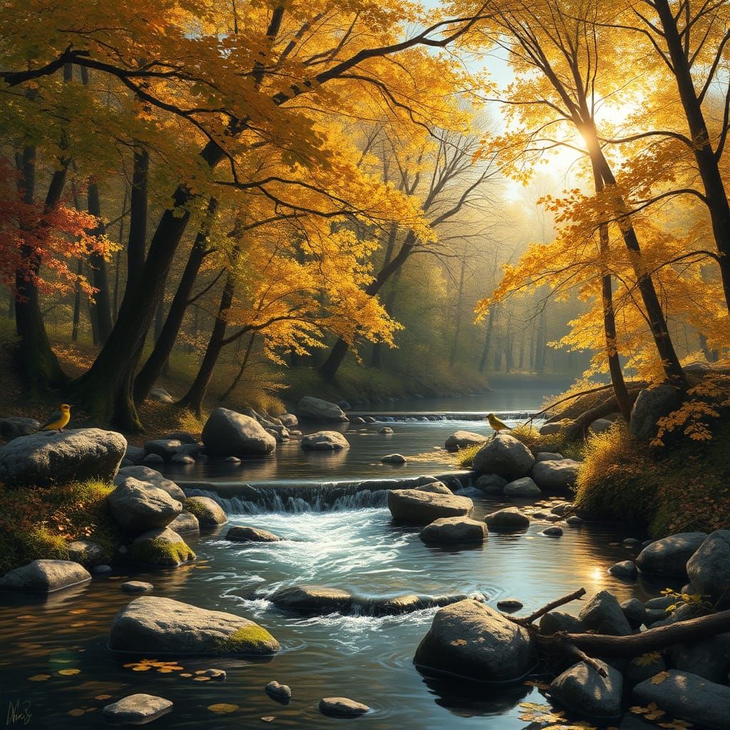 Sunlit Autumn Forest Stream in Impressionist Style