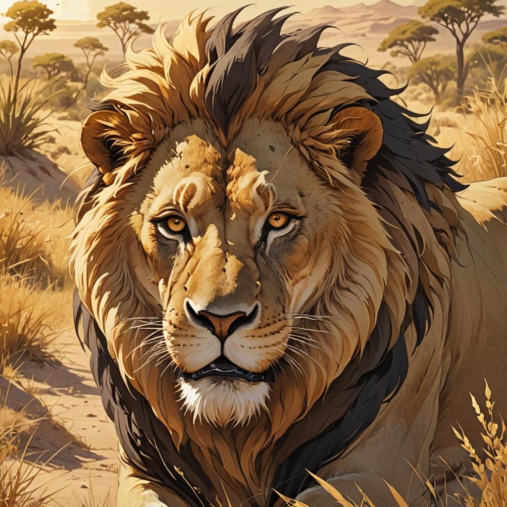 Lion in Golden Cloak, Cel-Shaded Anime Style