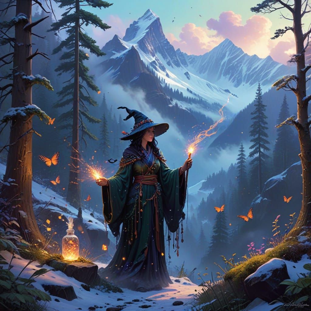 Wise Witch on Snowy Mountain with Glowing Potions