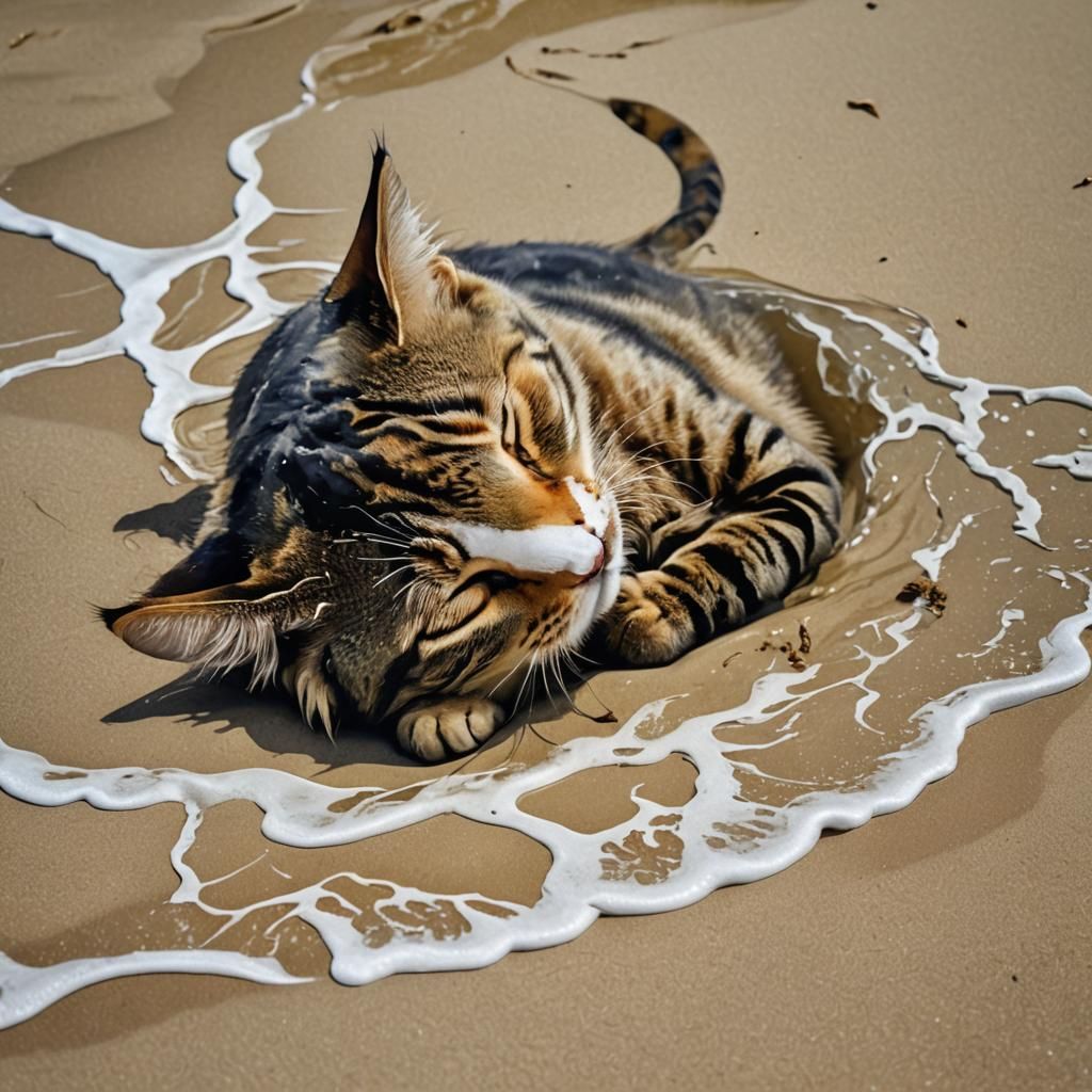 Hyperrealistic Watercolour Cat Sleeping in Ocean Wave