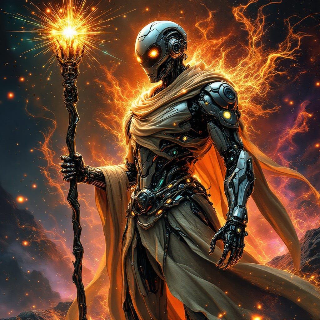 Futuristic Robotic Wizard with Cybernetic Robes