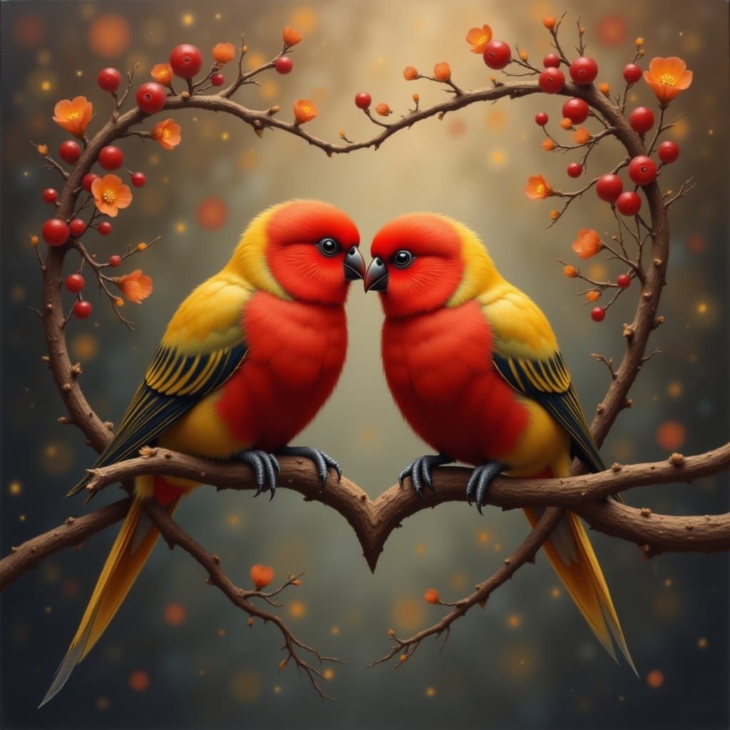 Lovebirds on a Heart-Shaped Perch