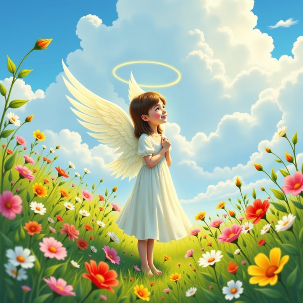 Glowing Angelic Girl Blooms in Rainbow Meadow
