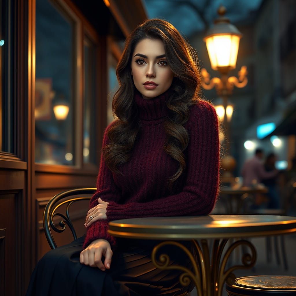 Ethereal Brunette in Burgundy Sweater at a Moonlit Cafe
