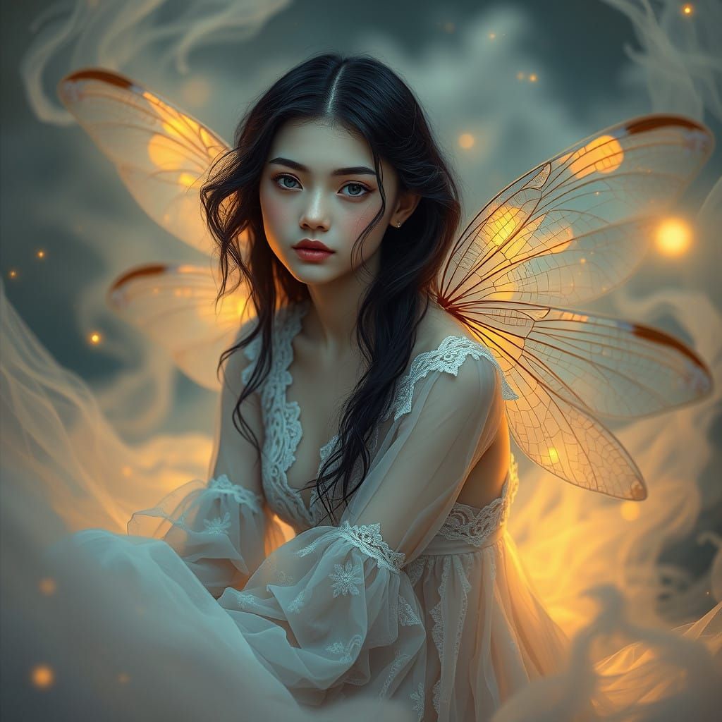 Surreal Woman in Ethereal Mist, with Glowing Eyes and Delica...