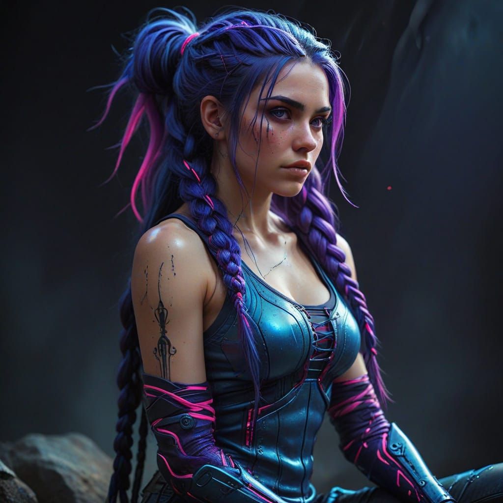 Fantasy Warrior with Iridescent Hair in a Dark, Neon-Lit Wor...