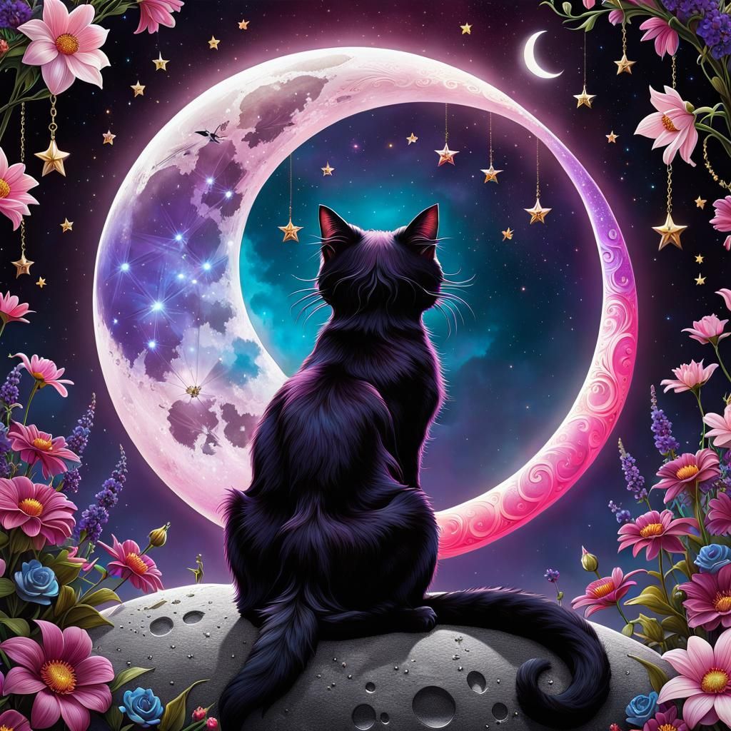 Magical Moon Witch with Black Cat in Fantasy Sky
