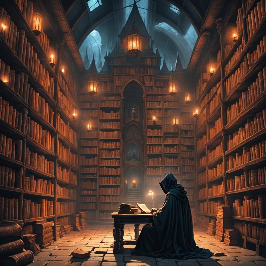 Mystical Library Concept Art in Dark Fantasy Style