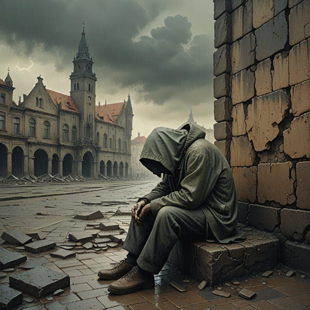 Surreal Melancholy: Figure Against Crumbling City Wall