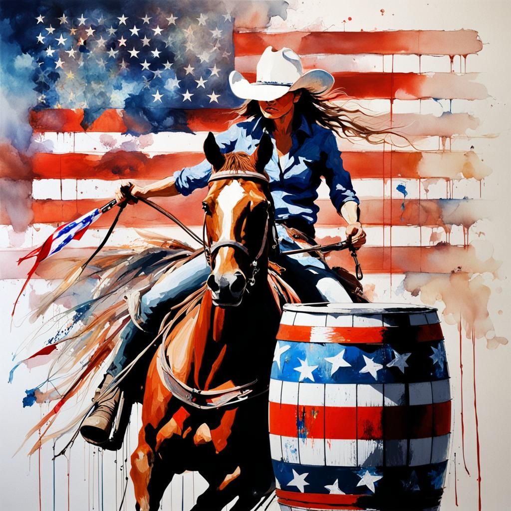 Woman Barrel Racing with American Flag in Alcohol Ink