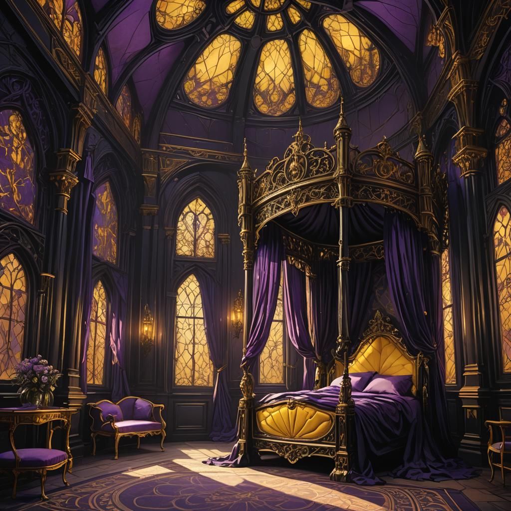 cama de matrimonio en un castillo gótico con las paredes negras y ambientado en películas de terror