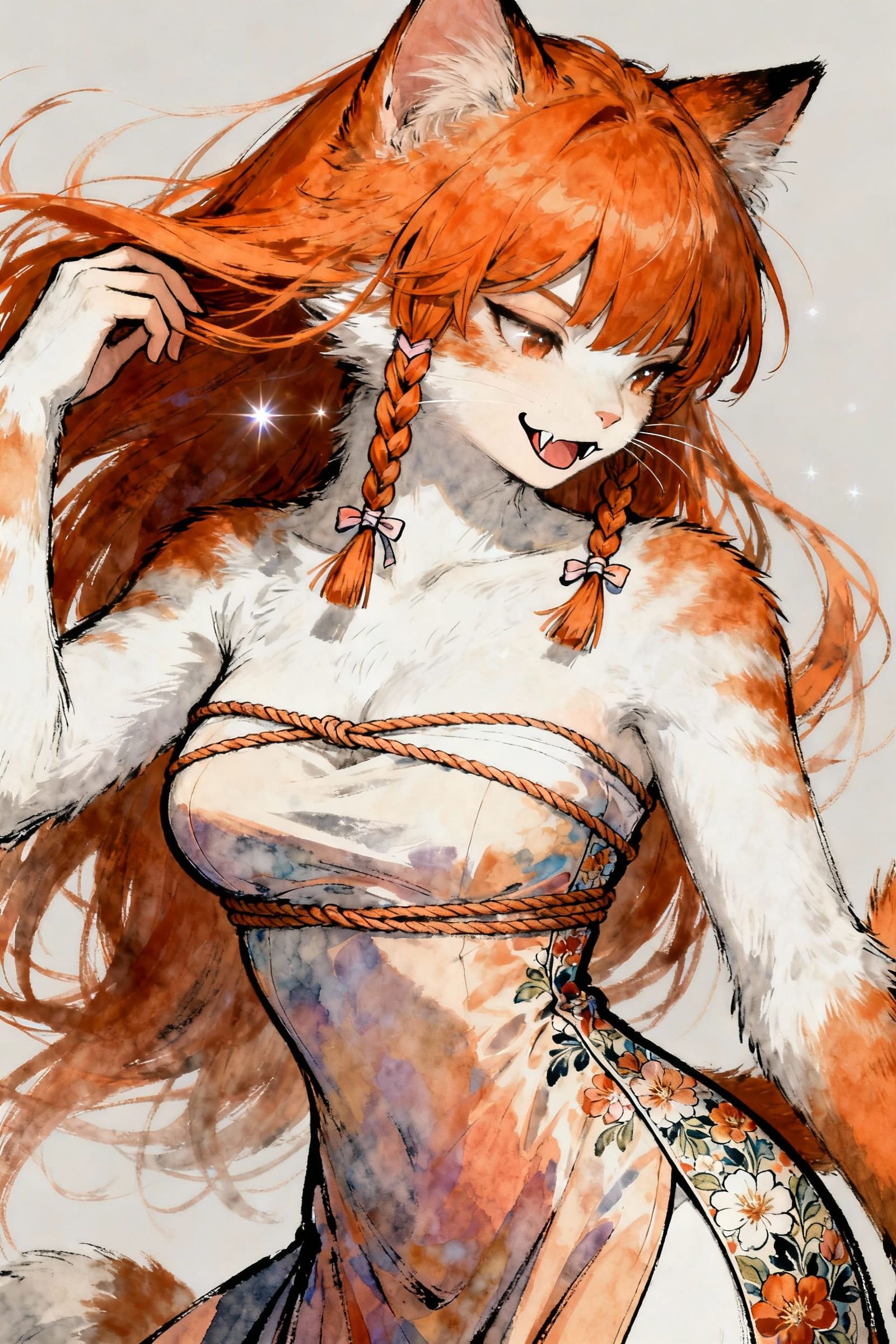 Anthropomorphic Cat in Fantasy Dress with Flowing Hair