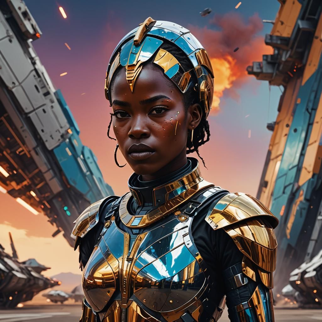 Fierce Woman in Mirror Armor at Spaceport