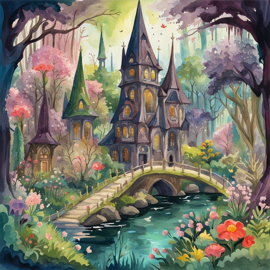 Gothic Fairytale Town in Lush Forest: Gouache Impression