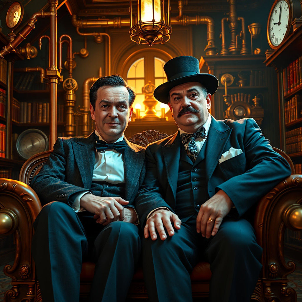 Laurel and Hardy in Steampunk Mansion Library