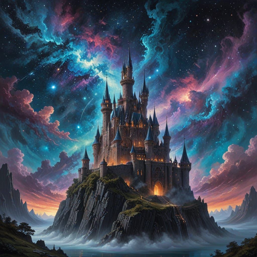 Ancient Cosmic Castle Against Nebula, Dark Fantasy Style