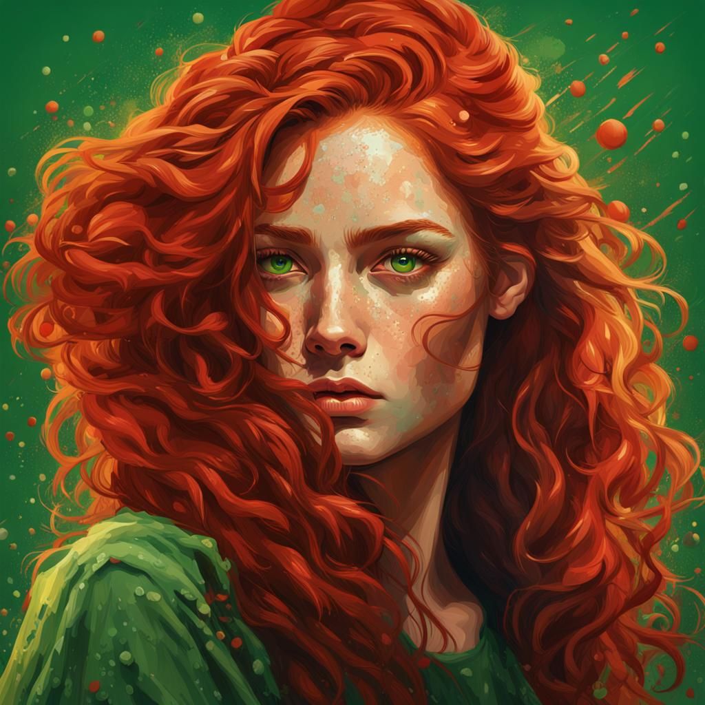 Beautiful Redhead with Green Eyes in Splash Art