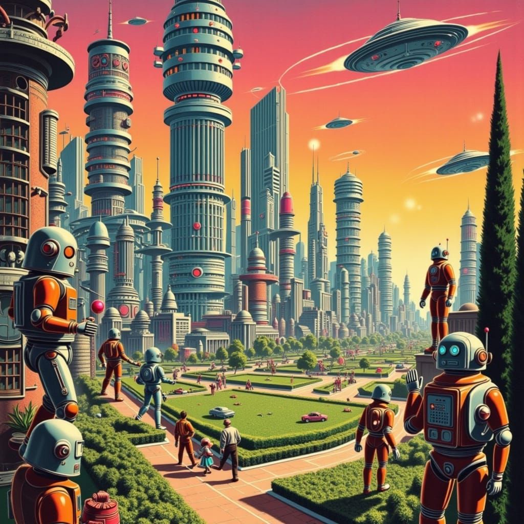 Retro Futuristic Cityscape with Vintage Robots and Neon Skys...