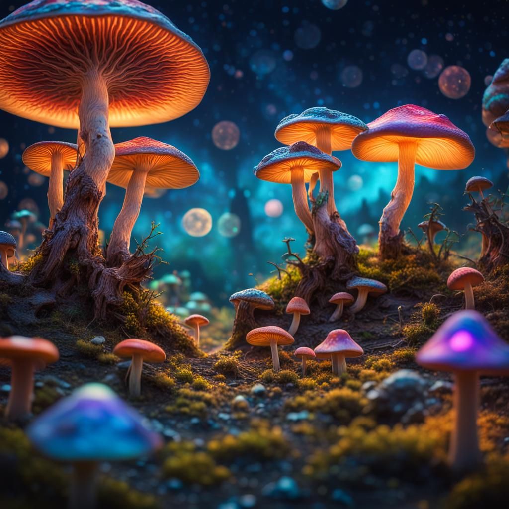 Psychedelic Alien Spaceship Among Detailed Mushrooms
