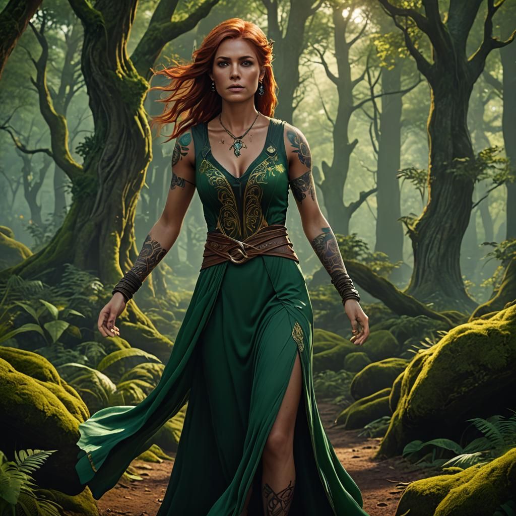 Auburn Haired Druid in Forest, Fantasy Art