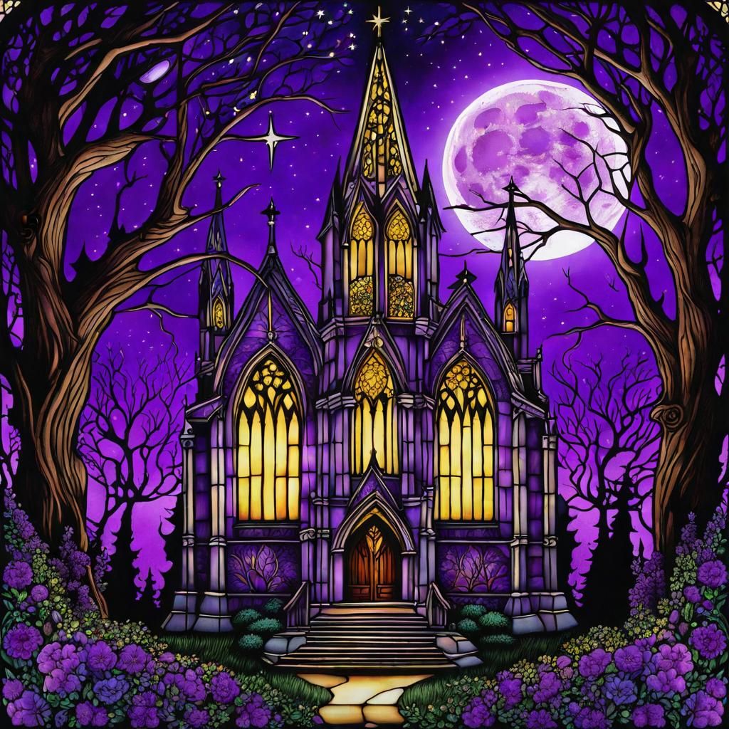 High Gothic Church with Purple Flowers