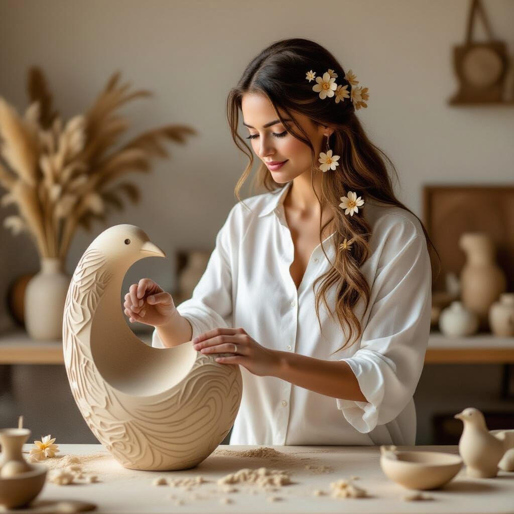 Woman Sands Wooden Bird Sculpture in Minimalist Studio