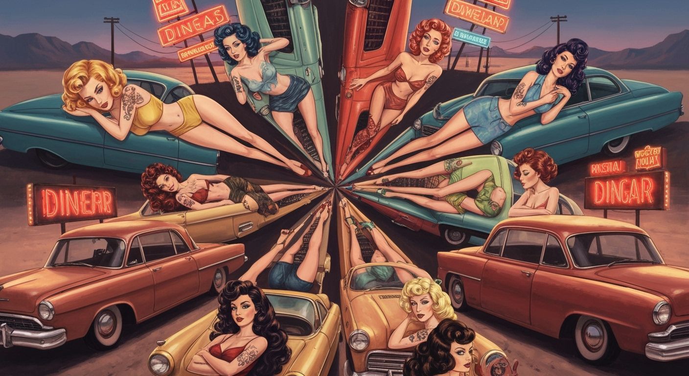 Retro Pin-Up Girls in Kaleidoscope of Vintage Cars