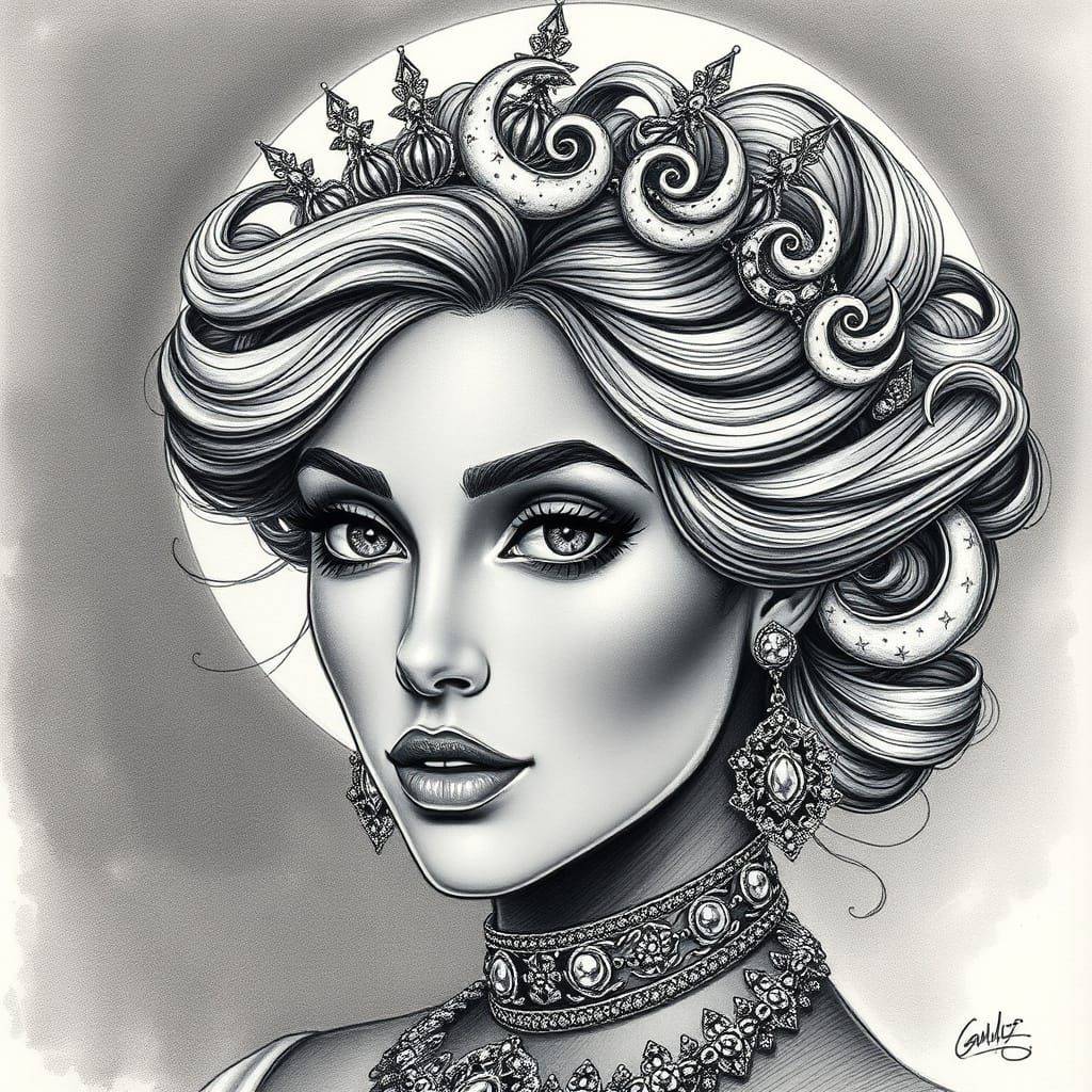Regal Moon Princess with Intricate Jewelry and Expressive Ey...