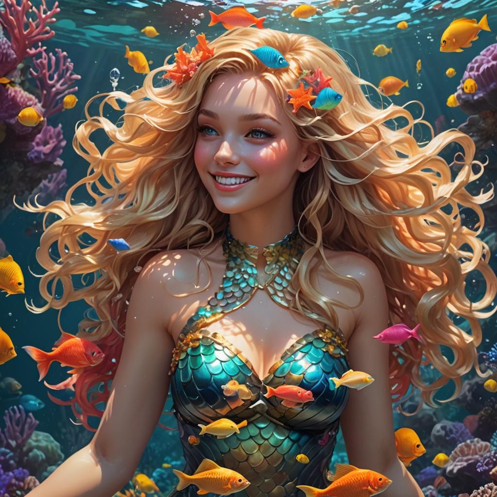 Blond Mermaid Portrait in Vivid Underwater Scene