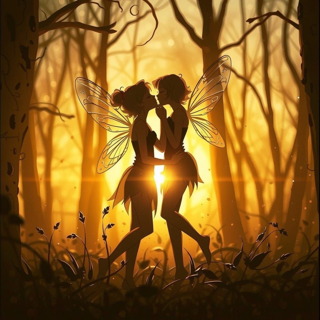 Two Fairies in Enchanted Forest Sunset, Storybook Style, Sep...