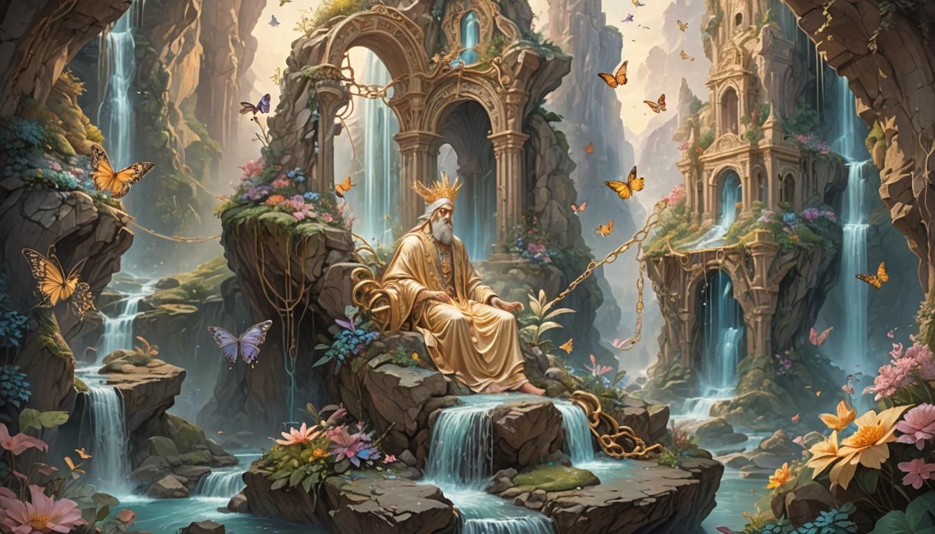 The god Prometeus in chains on a rock, ethereal fantasy realm, intricate surreal architecture, flowing waterfalls, vibra...
