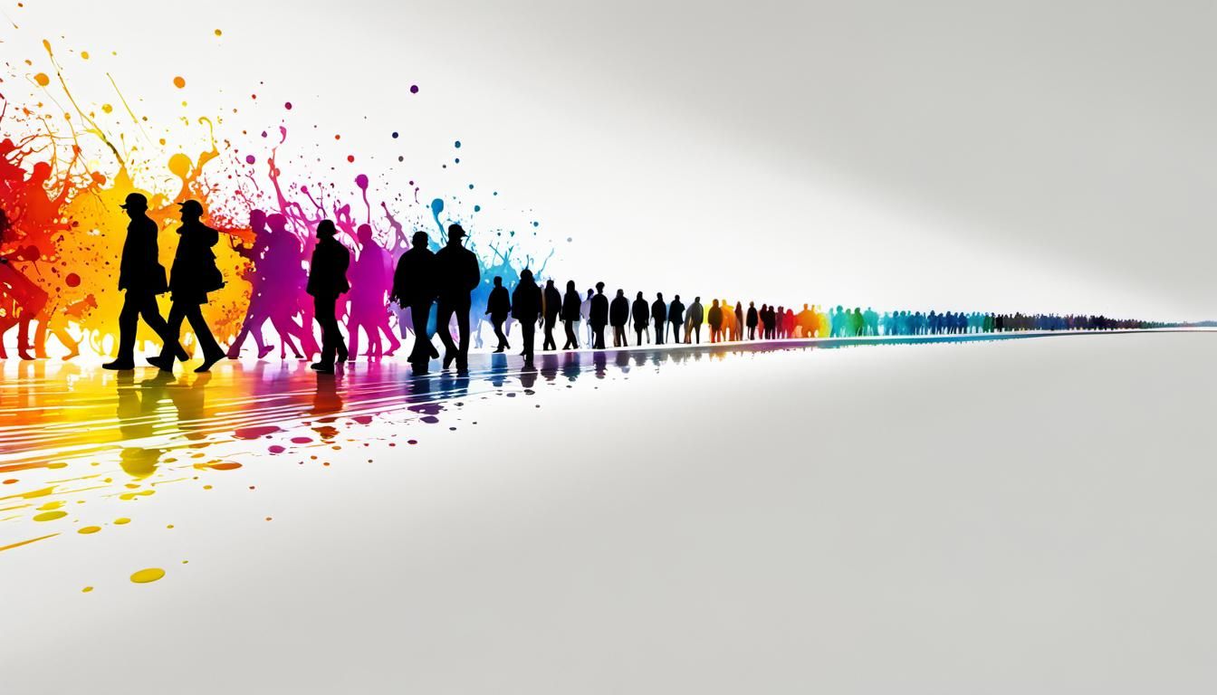 Figures Walking to Horizon with Ink Splashes