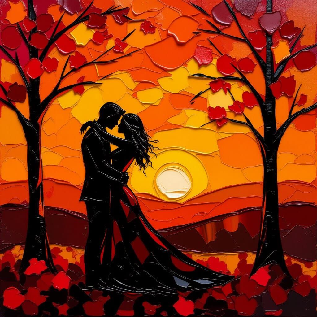 Encaustic Painting: Couple's Melancholic Sunset Embrace