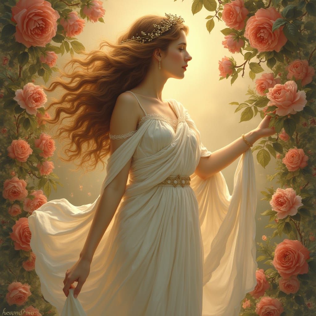 Venus in Soft, Golden Radiance with Roses