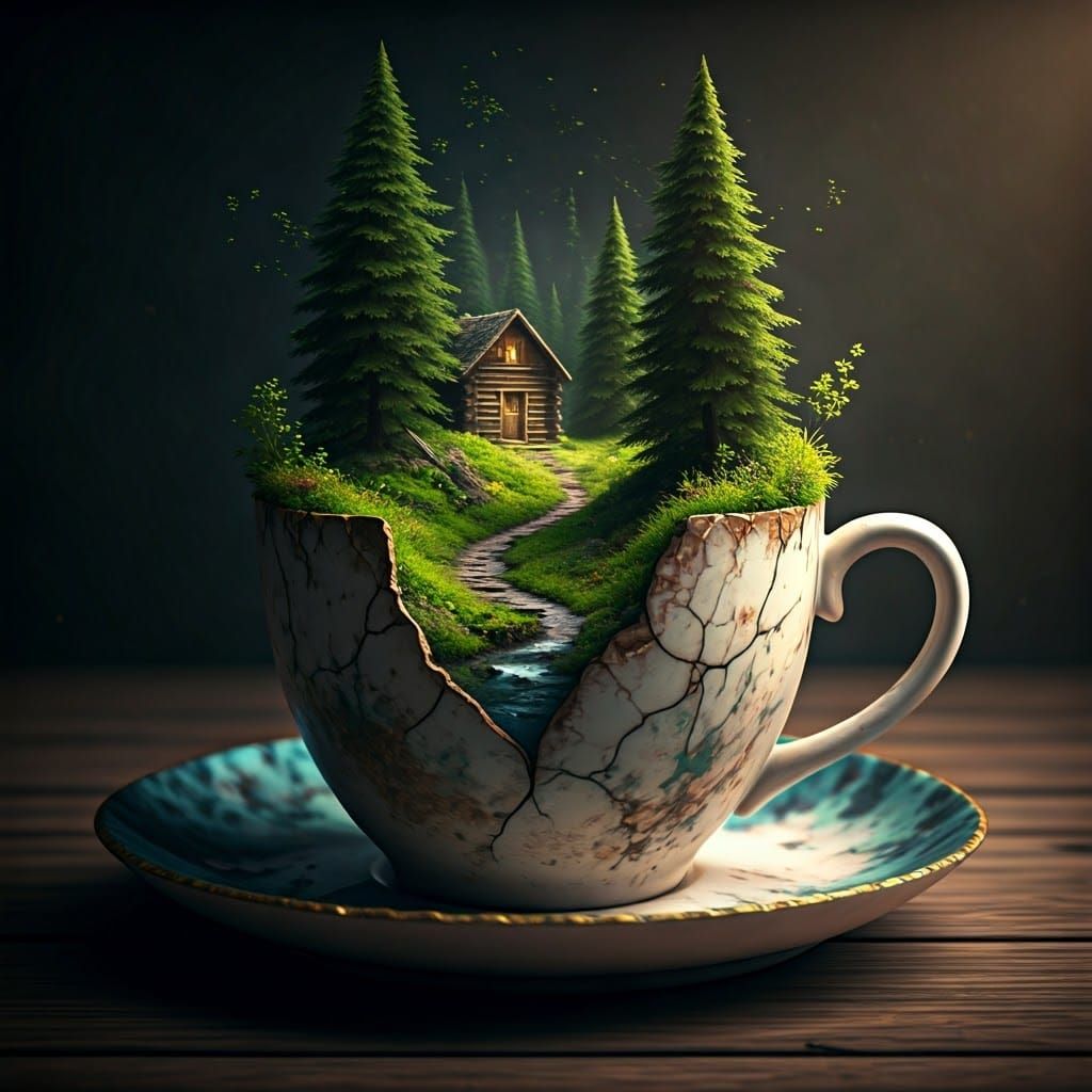 Miniature Forest Inside Cracked Teacup in 3D