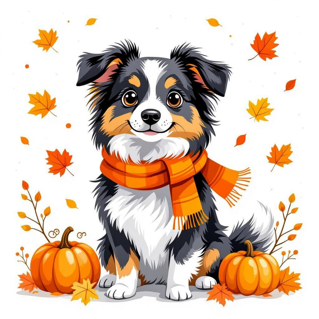 Whimsical Watercolor Border Collie with Autumn Leaves