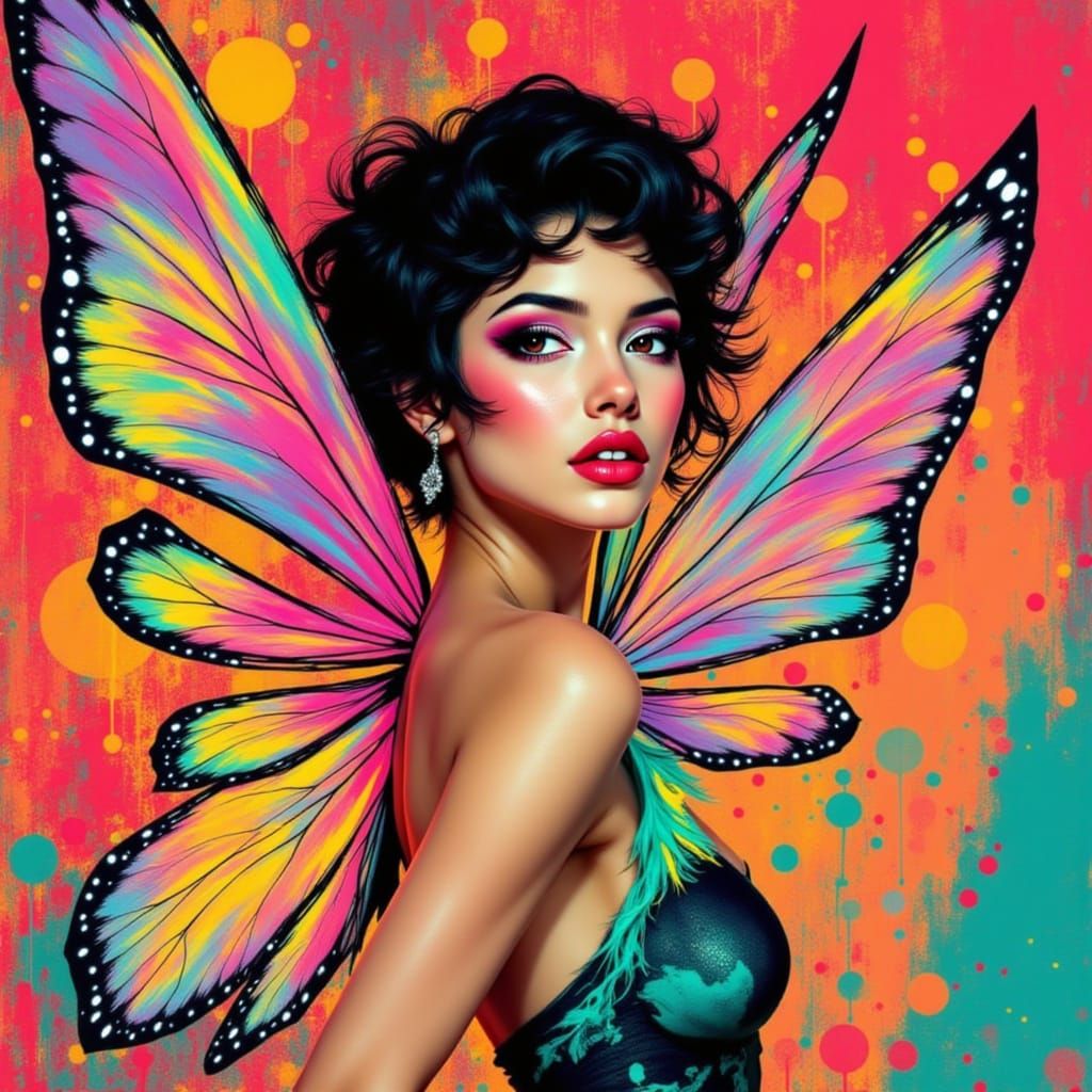 Vibrant Fairy in Bold Pop Art Style with Geometric Patterns