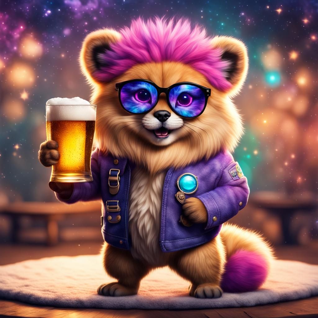 Hyper-Realistic Furry Animal in Galaxy with Purple Glasses